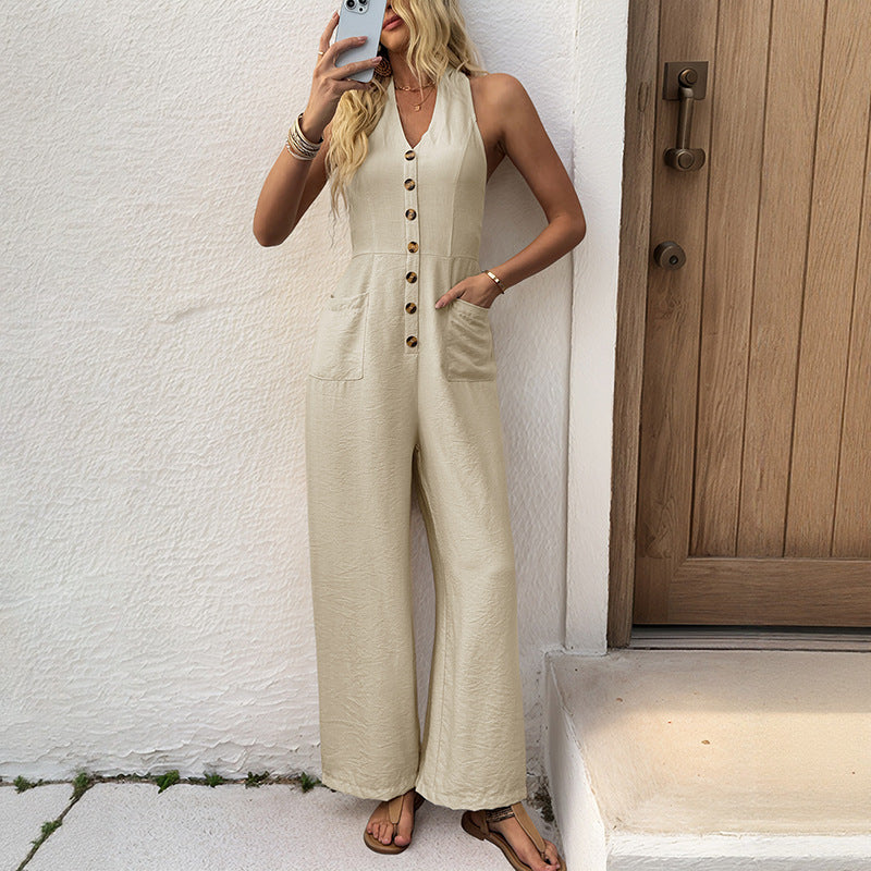 European and American versatile simple casual slimming hanging neck wide leg jumpsuit