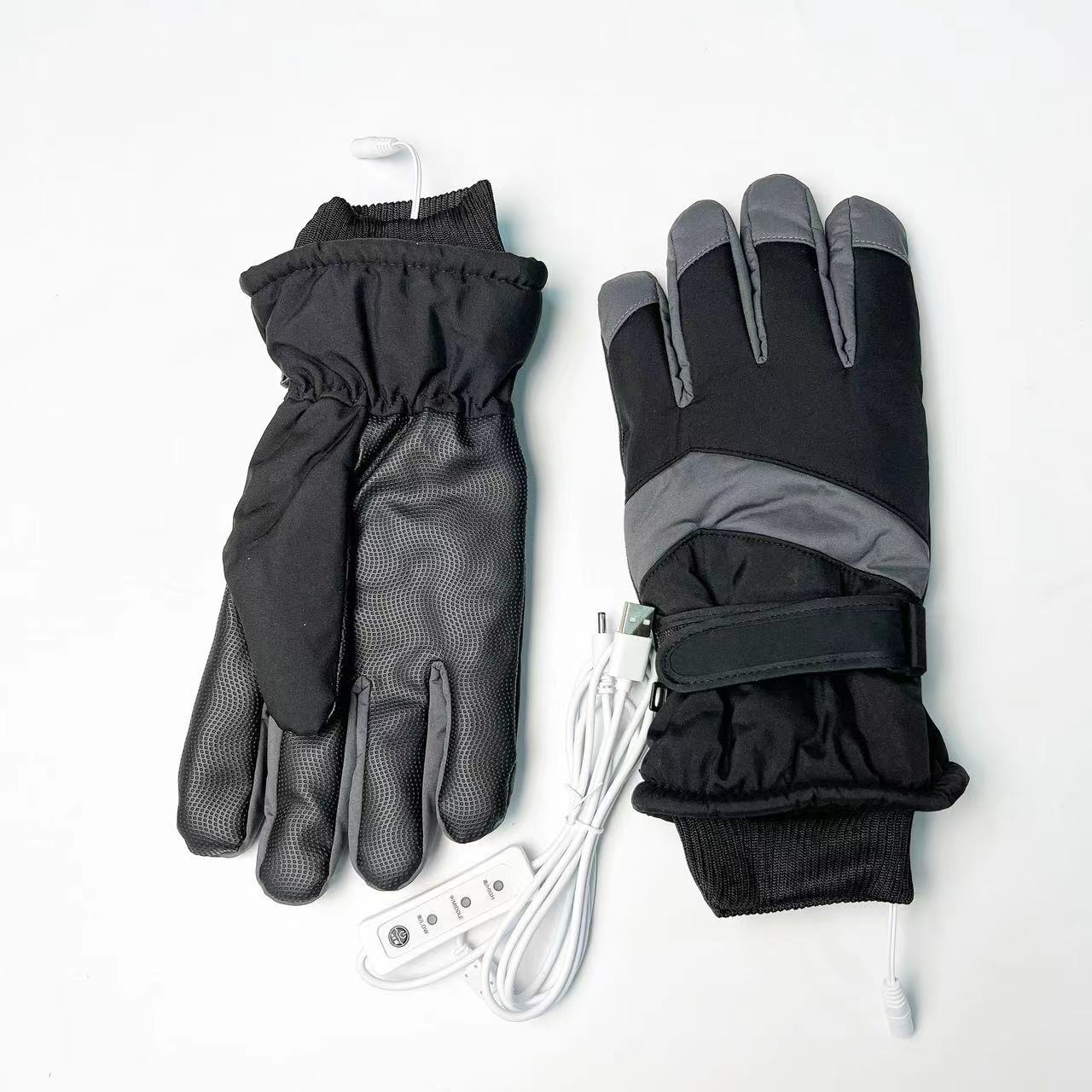 Black gray heated ski gloves USB electric heating winter outdoor warm touch screen waterproof thick anti slip palm