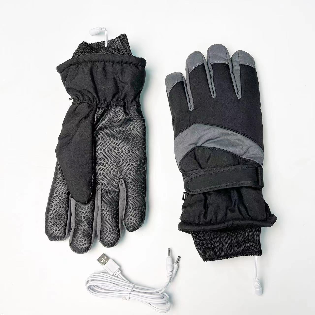 Black gray heated ski gloves USB electric heating winter outdoor warm touch screen waterproof thick anti slip palm