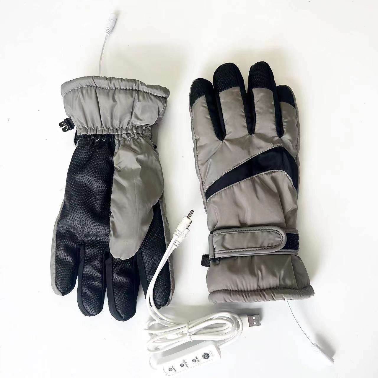 Black gray heated ski gloves USB electric heating winter outdoor warm touch screen waterproof thick anti slip palm