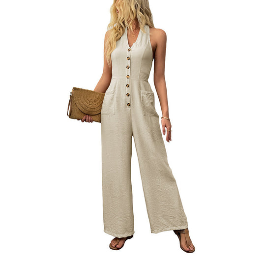 European and American versatile simple casual slimming hanging neck wide leg jumpsuit
